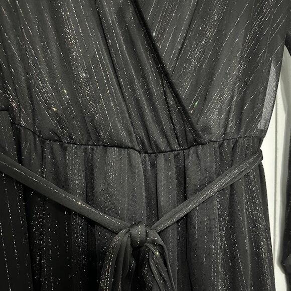 Black Sheer Sparkle Midi Dress with Belt and Long Sleeves Size: M - Picture 9 of 12